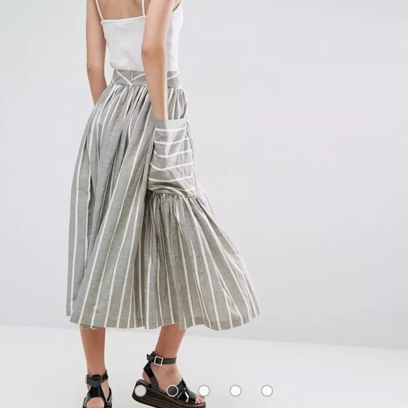 asos Linen Blend Striped Midi Skirt with Oversized Pockets Size 0 - Picture 2 of 11